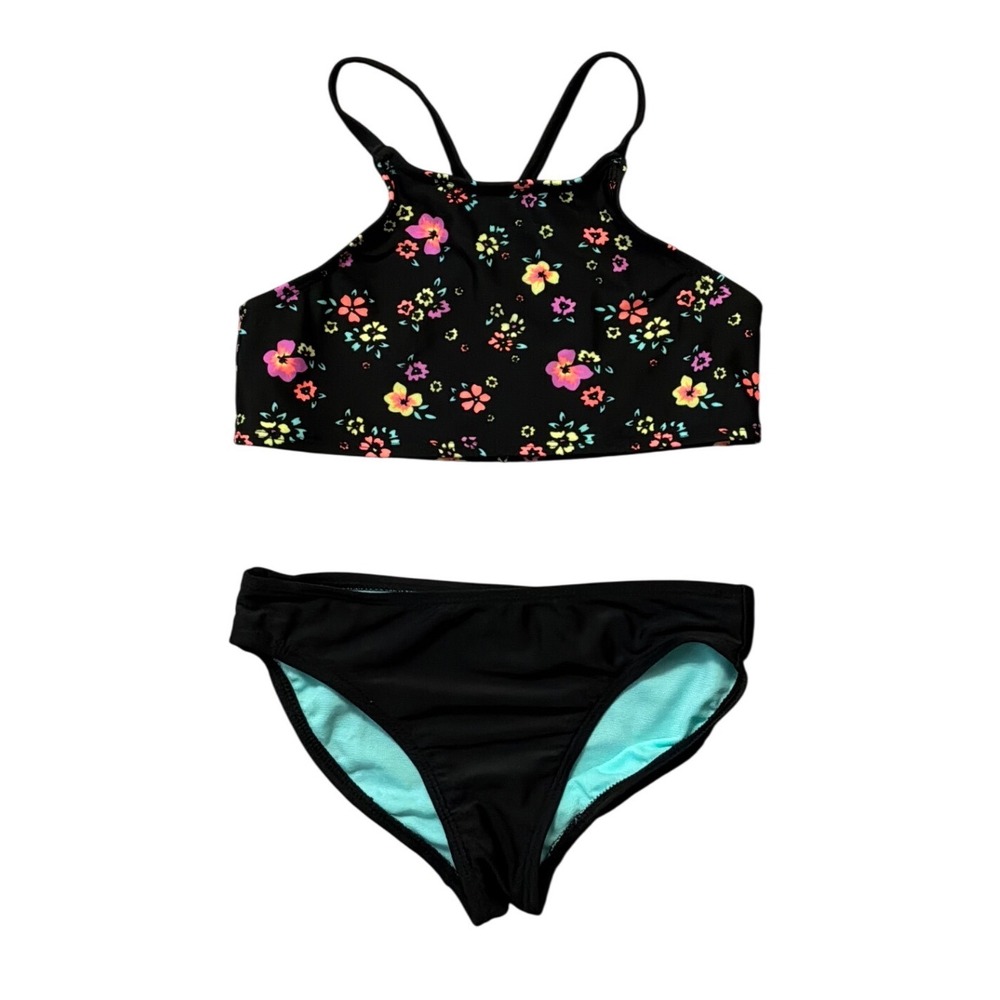 Wonder Nation Girls Black Floral High Neck Two Piece Bikini Swimsuit Size M 7-8